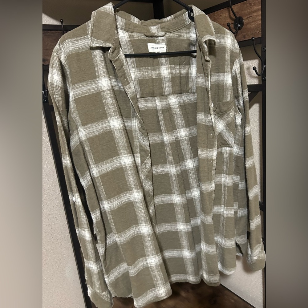 Thread & Supply Olive and White Plaid Shirt